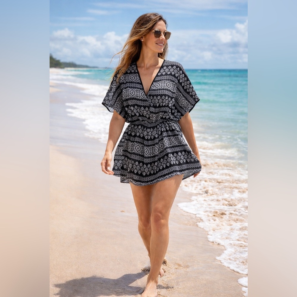 Beach Cover-Up Black & Taupe Sheer V‑Neck Patterned Women’s OS, NWOT